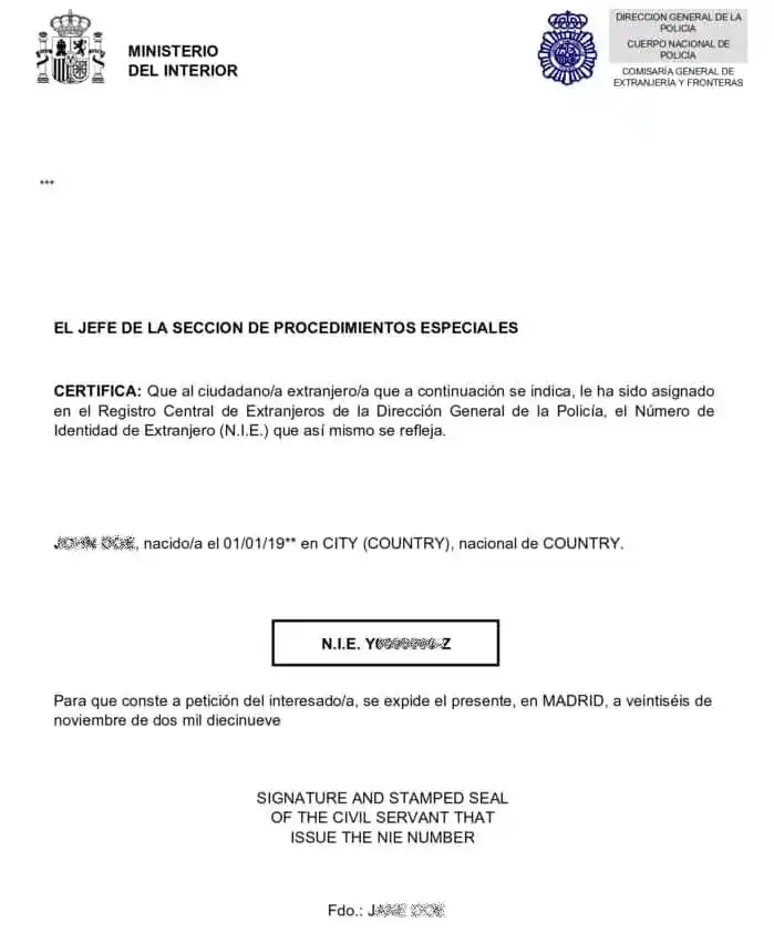 ejemplo de como es un NIE blanco