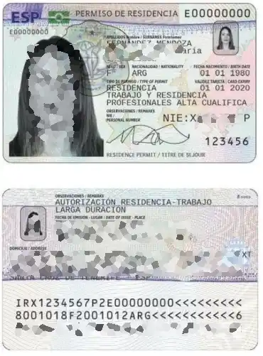 ejemplo de como es un TIE o tarjeta de permiso de residencia
